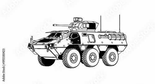 Detailed line drawing of an armored military vehicle with six wheels and a turret