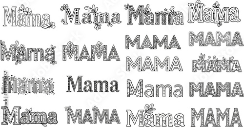 Decorative letters spelling "Mama" in various artistic, floral, and patterned styles
