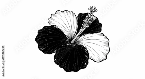 Detailed black and white drawing of a stylized hibiscus flower