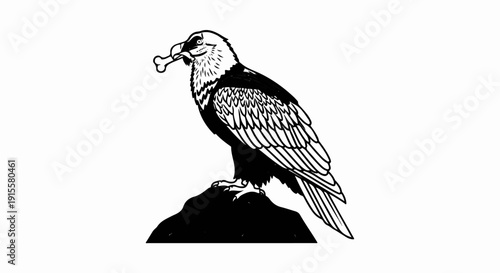 Detailed black and white illustration of a bird of prey holding a bone