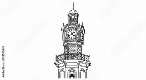 Detailed line drawing of an ornate, multi-faced clock tower with a domed roof