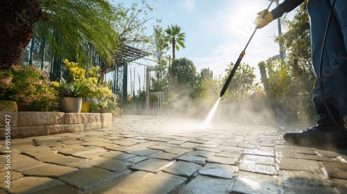Person cleaning outdoor paved patio with a pressure washer, generating mist and steam.
