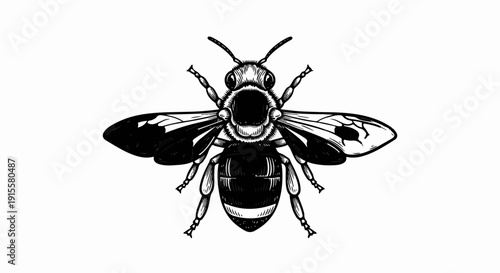 Detailed ink drawing of a bee, top view, with intricate wings and striped abdomen