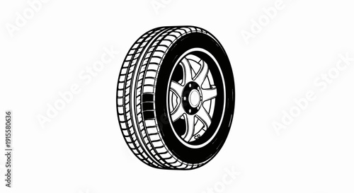 Detailed black and white illustration of a car wheel with tire and alloy rim