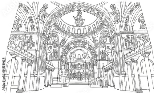 Detailed line drawing of grand church interior with arches, domes, and religious figures