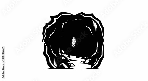 Dark cave entrance with rocky path leading to a faint, glowing opening