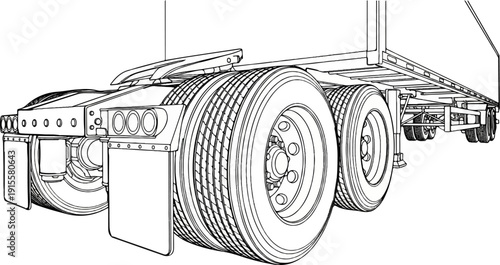Detailed line drawing of the rear wheels and chassis of a large truck