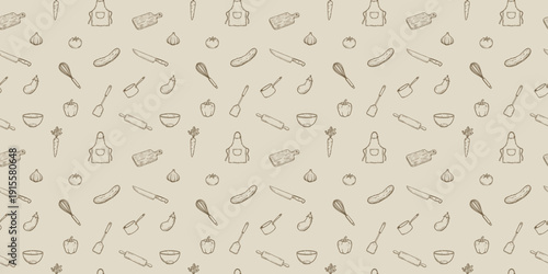 Seamless Vintage Sepia Kitchen Tools Pattern, Rustic Hand Drawn Culinary Background Vector for Bakery and Home Cooking Themes