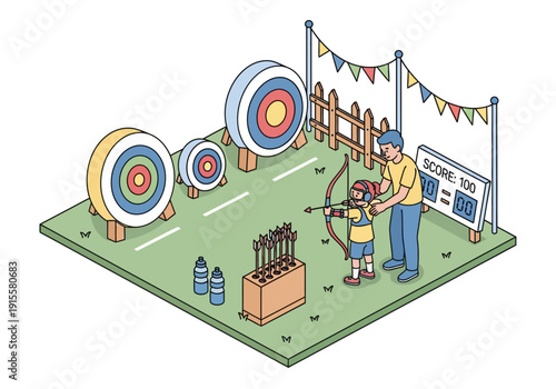 Father and son practicing archery together on a festive outdoor field with targets and equipment