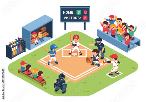 Aerial view of a lively baseball game in progress on a green field with players, spectators, and a scoreboard