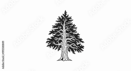 Detailed black and white illustration of a mature evergreen tree
