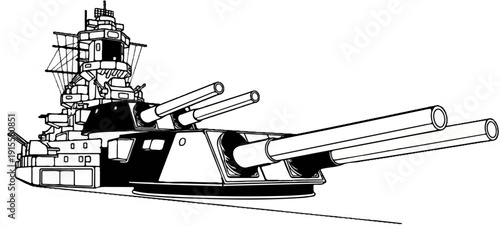 Detailed black and white illustration of a large naval warship with multiple large cannons