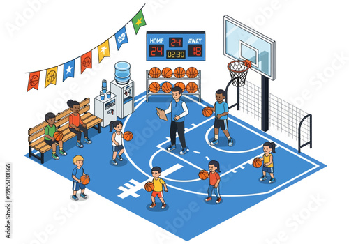 Children playing basketball on a vibrant blue court with spectators and scoreboard in an indoor gymnasium viewed from above