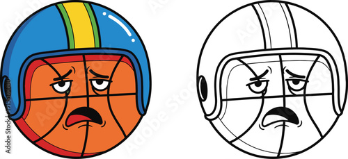 Angry Basketball with Retro Helmet Grumpy Sports Mascot Cartoon Vector