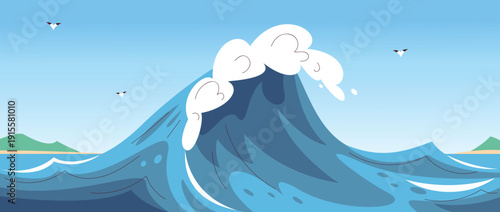 Big wave surf background. Ocean sea tide blue water cartoon landscape, tropical island wind sky storm surface for surfer summer beach voyage vacation travel vector illustration