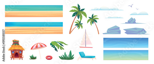 Beach landscape constructor. Island sea sand coast ocean palm tree rock plant hut ship lounger cloud sky resort view tropical nature travel design set isolated vector illustration