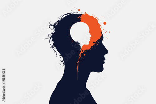 Profile silhouette of head containing inner child face with  paint splatter flowing out, symbolizing trauma, inner voice, childhood memories therapy