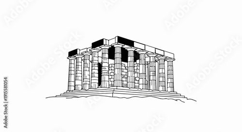 Detailed ink sketch of an ancient temple with multiple columns and a stepped base