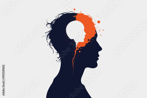 Profile silhouette of head containing inner child face with  paint splatter flowing out, symbolizing trauma, inner voice, childhood memories therapy