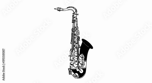 Detailed black and white illustration of a saxophone on a white background