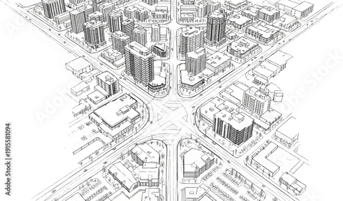 Detailed pencil sketch of a bustling city intersection with tall buildings