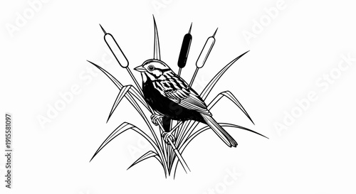 Detailed black and white illustration of a sparrow perched among reeds and cattails