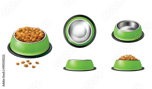 Realistic feed bowls. Empty full pet bowl top view mockup, puppy kitten feeding dishes for dry food or water pet shop products domestic animals, isolated exact vector illustration