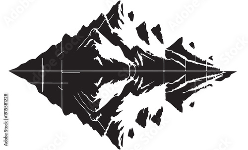 Black and white mountain range reflection on white background