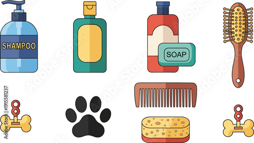 Pet grooming and hygiene icons set, colorful vector illustrations with shampoo bottle, soap, hair brush, sponge, and animal paw print isolated on white background.