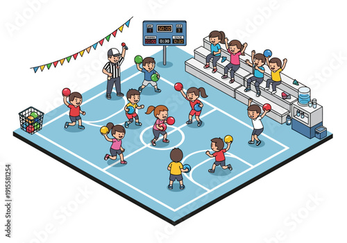 Children playing basketball on a vibrant court with spectators and a scoreboard in a lively sports environment from an overhead viewpoint