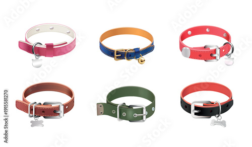 Realistic dog collar. Isolated leather pet collars, cat dog colorful necklace belts with metal silver buckle puppy kitten neck waistband leash animal care exact vector illustration