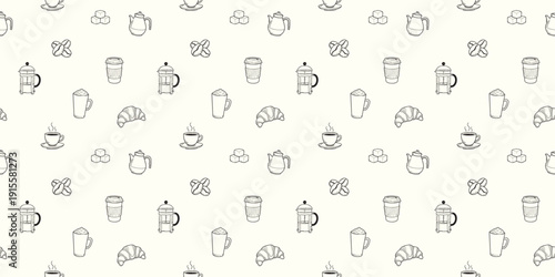 Seamless Black and White Coffee Shop Pattern, Hand Drawn Cafe Icons and Breakfast Pastries Vector Illustration for Coffee House Decor