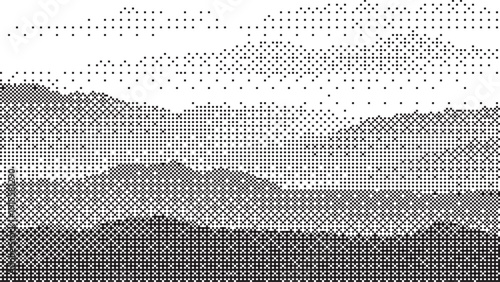 Abstract pixelated mountain range with varying shades of gray and depth