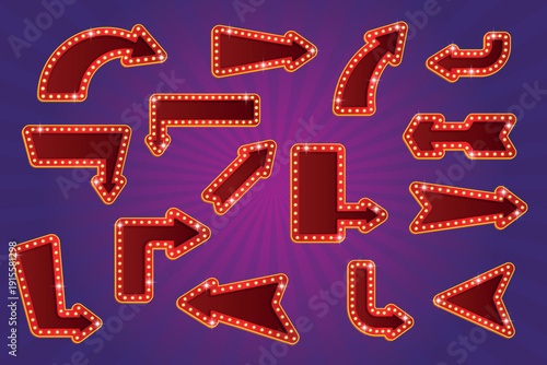 Lightbox arrows. Marquee signage pointers frame, retro signboard with bulb light lamp signs vintage neon billboards direction pointer arrow banner cartoon kicky vector illustration