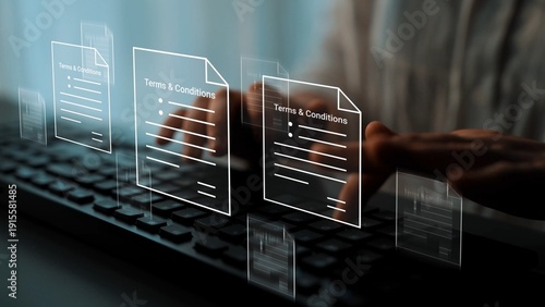 Obraz na plátne Abstract concept of digital legal agreement with terms and conditions documents floating above keyboard representing online contracts and compliance in modern business Gluon
