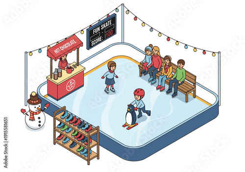 People enjoying ice skating at an outdoor rink surrounded by festive decorations and a snack stand on a winter day