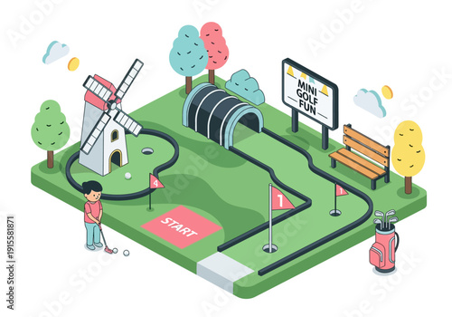 Golfers playing a round on a scenic miniature golf course with a windmill and tunnel