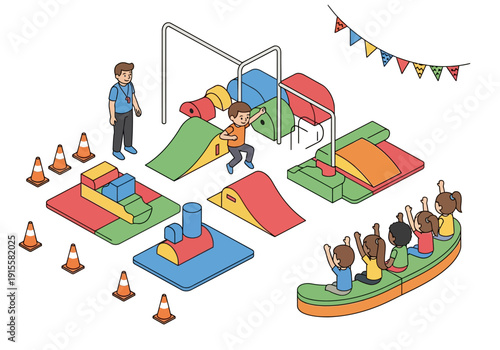 Children playing on colorful playground equipment with adults supervising in a vibrant recreational environment from an overhead viewpoint