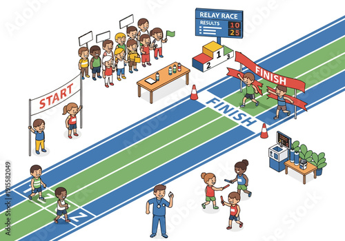 Children participating in a fun run event on a colorful track with start and finish lines, surrounded by spectators and officials.
