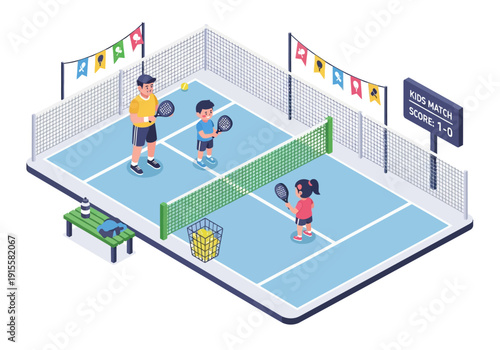 Three people playing pickleball together on an indoor court with banners and a scoreboard visible