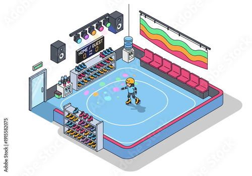 Isometric view of a hockey player training alone on a colorful ice rink with broadcasting equipment and seating