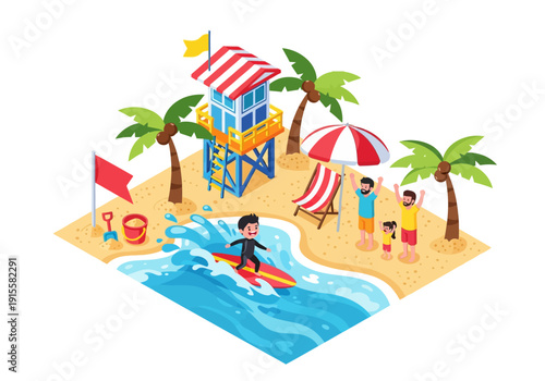 Surfer riding wave near lifeguard tower on a sunny beach with palm trees and people relaxing