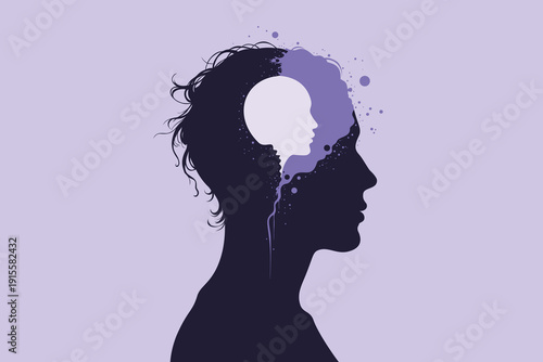 Profile silhouette of head containing inner child face with  paint splatter flowing out, symbolizing trauma, inner voice, childhood memories therapy