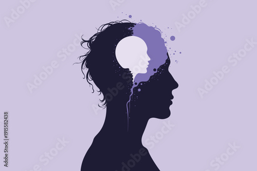 Profile silhouette of head containing inner child face with  paint splatter flowing out, symbolizing trauma, inner voice, childhood memories therapy