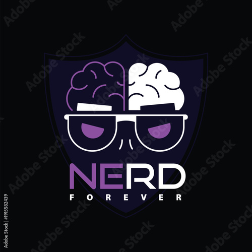 Nerd Forever Mascot Logo – Stylized Shield Featuring a Dual-Colored Brain with Glasses Representing Intelligence, Gaming Culture, and Creative Branding
