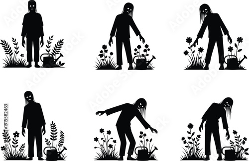 Creepy zombie gardener silhouettes watering flowers showing horror fantasy characters, eerie nature scenes, undead figures, and dark illustration concepts isolated on white background