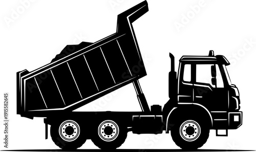 Dump truck silhouette vector illustration, construction vehicle loading and unloading debris, heavy machinery transport icon, industrial work equipment, material handling graphic design element