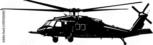 Military helicopter silhouette vector illustration, army aircraft design, aviation transport symbol, black hawk helicopter graphic, war aviation element, combat aircraft icon isolated design