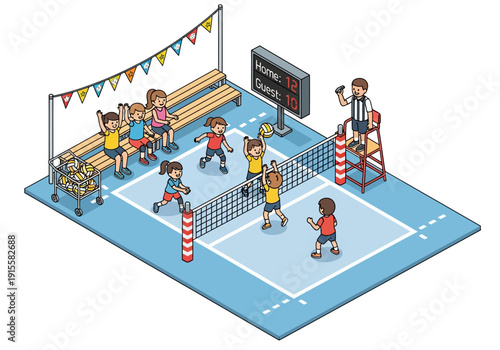 People playing volleyball on an outdoor court with spectators on benches and a referee standing on a tall ladder.
