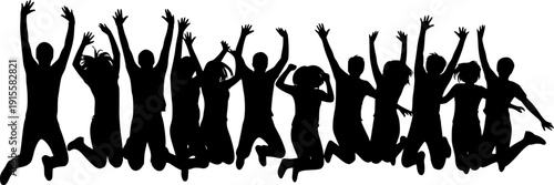 Diverse group of people in silhouette jumping in the air with joy and excitement celebration
